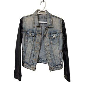Talula Denim Jacket With Faux Leather Sleeves XXS Distressed Blue & Black